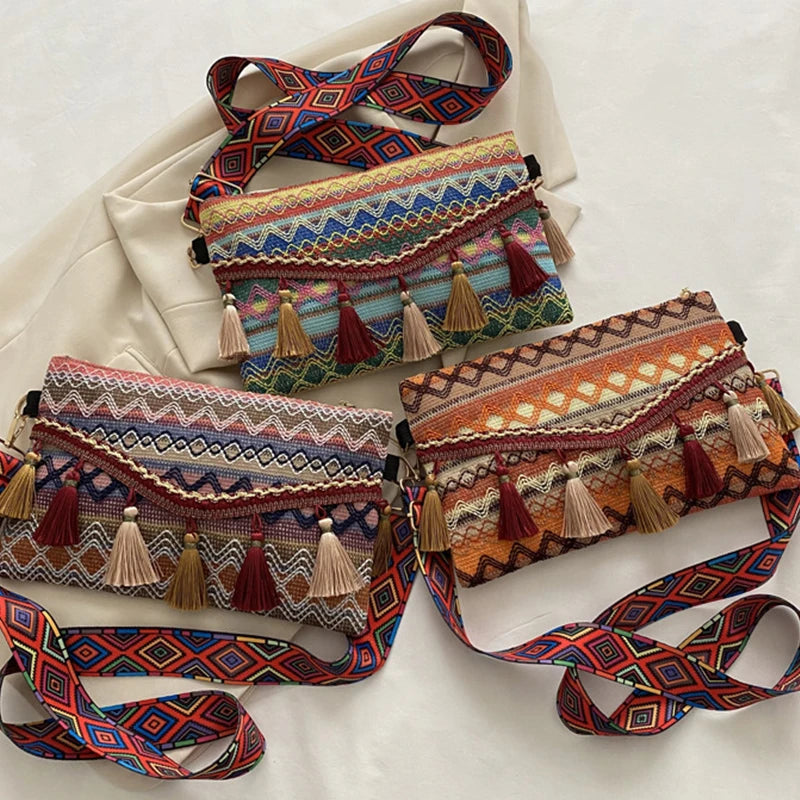 Vintage Crossbody Bag Envelope Handbag with Tassel Shoulder Strap