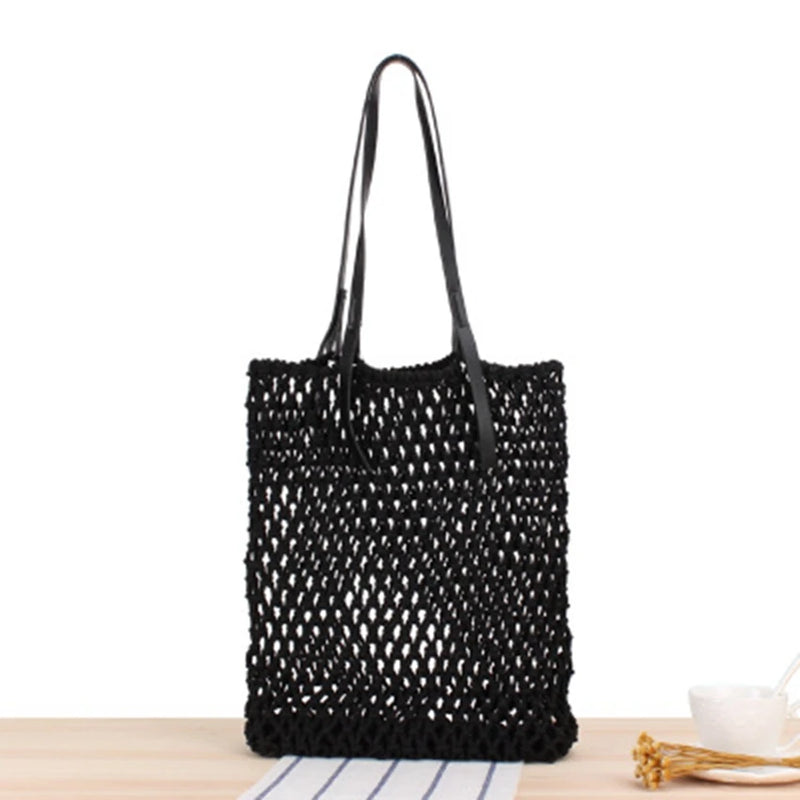 Hand-Woven Leather Bag with Rope Net Pocket for Travel and Beach