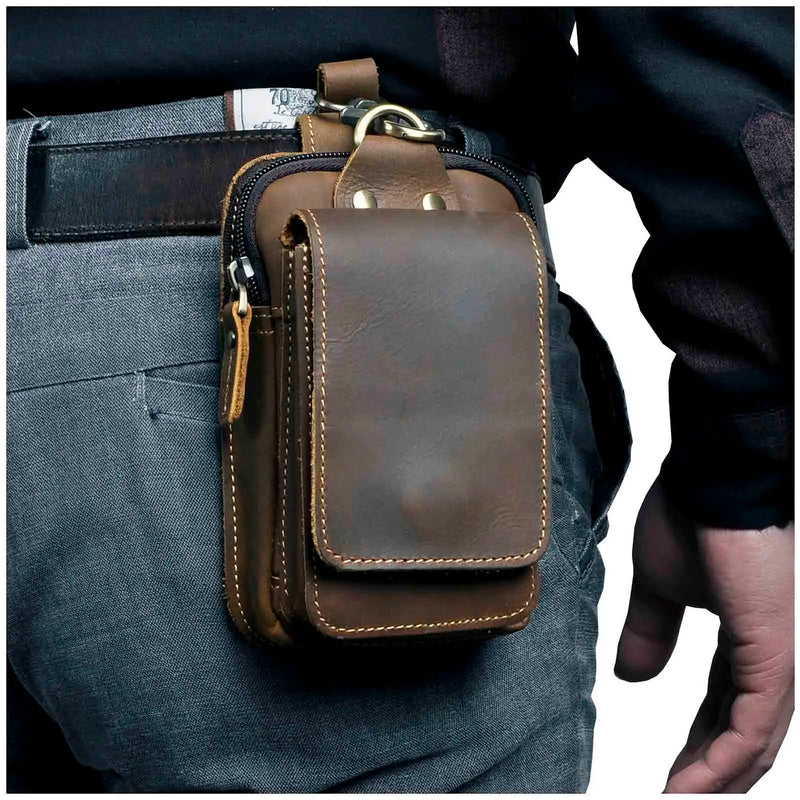 Leather Men's Vintage Waist Bag Hook Phone Pouch