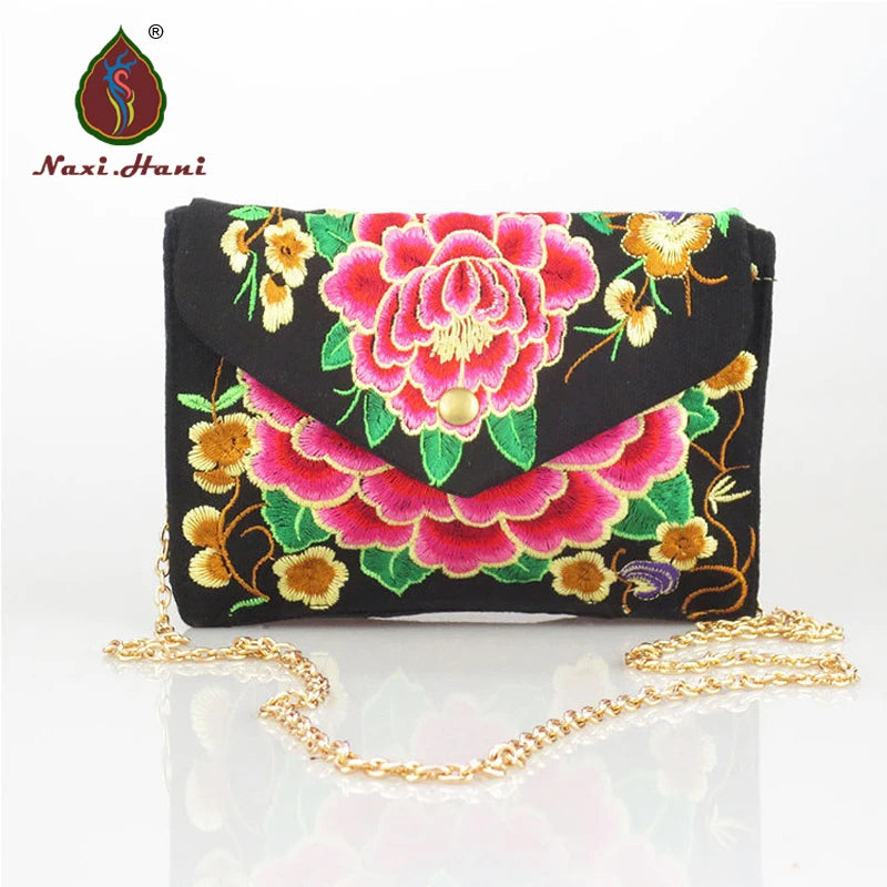 Vintage Ethnic Embroidered Flap Bag Women Chains Messenger Bag