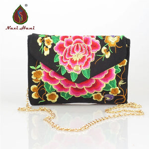 Vintage Ethnic Embroidered Flap Bag Women Chains Messenger Bag
