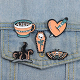 Halloween Enamel Pins Octopus Book Coffin Tea Brooches Bag Lapel Badges