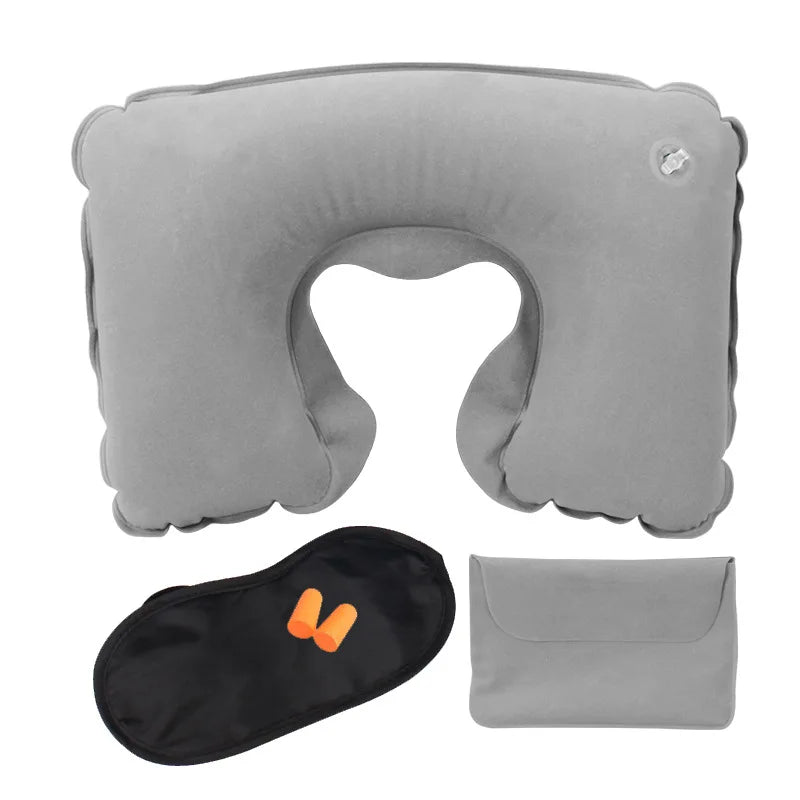 Portable Travel Inflatable Neck Pillow Set + Eye Mask + Earplug