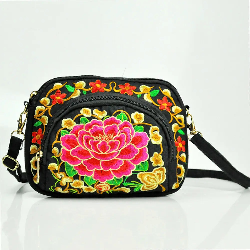 Vintage Embroidered Canvas Shoulder Bag Ethnic Design Small Purse