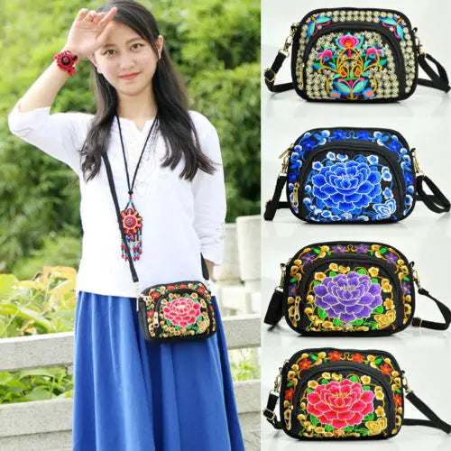 Vintage Embroidered Canvas Shoulder Bag Ethnic Design Small Purse