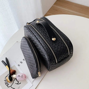 2 PCS Women PU Leather Cosmetics Bag Make Up Weave Clutch Woven Knitting Purse