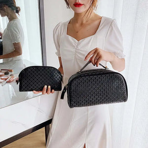 2 PCS Women PU Leather Cosmetics Bag Make Up Weave Clutch Woven Knitting Purse