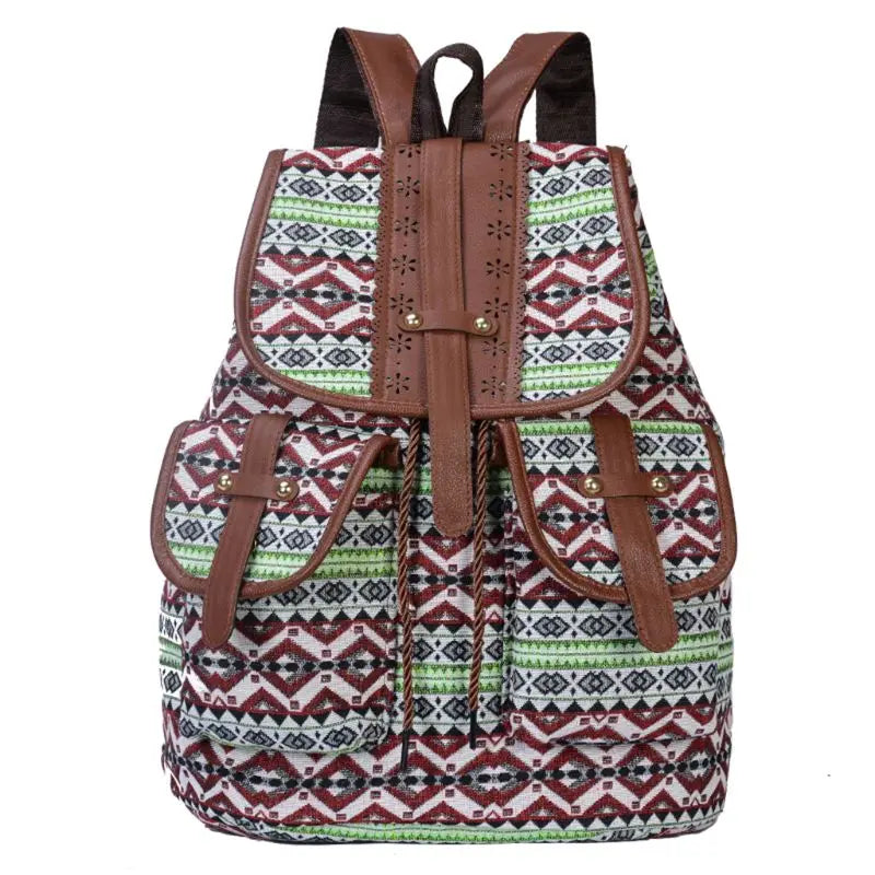 Boho Retro Vintage Women Backpack Drawstring Canvas Bagpack