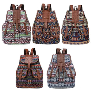 Boho Retro Vintage Women Backpack Drawstring Canvas Bagpack
