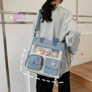 Spring Student Shoulder Bag with Transparent Pocket