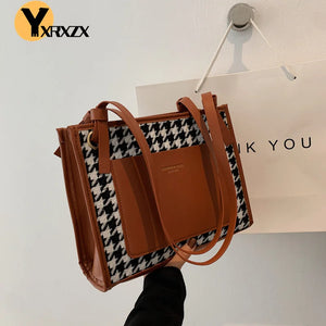 Winter Vintage Shoulder Bag Women Tote Plaid Pacthwork High Handbags