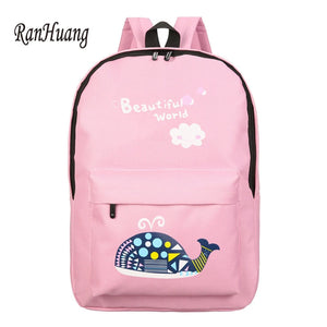 Cartoon Print Canvas Backpack Preppy Style Elephant School Bag
