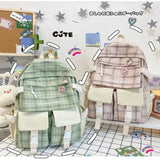 5pc Women's Backpack Plaid School Bag Oxford Cloth Large Capacity