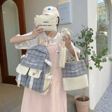 5pc Women's Backpack Plaid School Bag Oxford Cloth Large Capacity