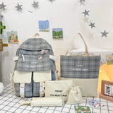 5pc Women's Backpack Plaid School Bag Oxford Cloth Large Capacity