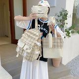 5pc Women's Backpack Plaid School Bag Oxford Cloth Large Capacity