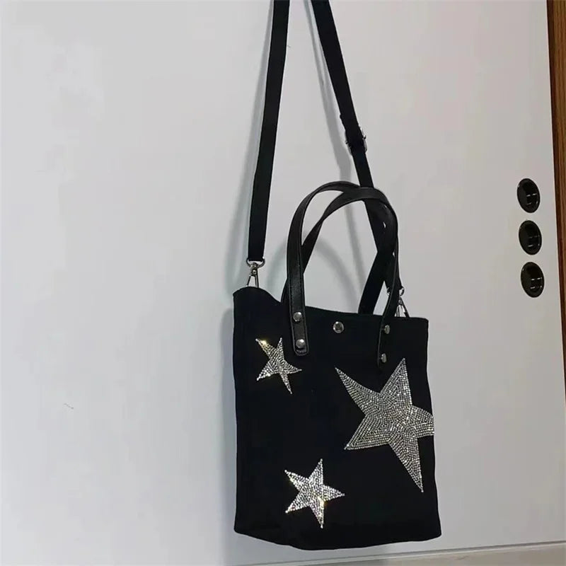 Canvas Shoulder Bags for Women Crossbody Messenger Bag Rhinestone Star