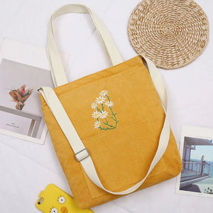 Corduroy Daisy Shoulder Bag Solid Square Pocket