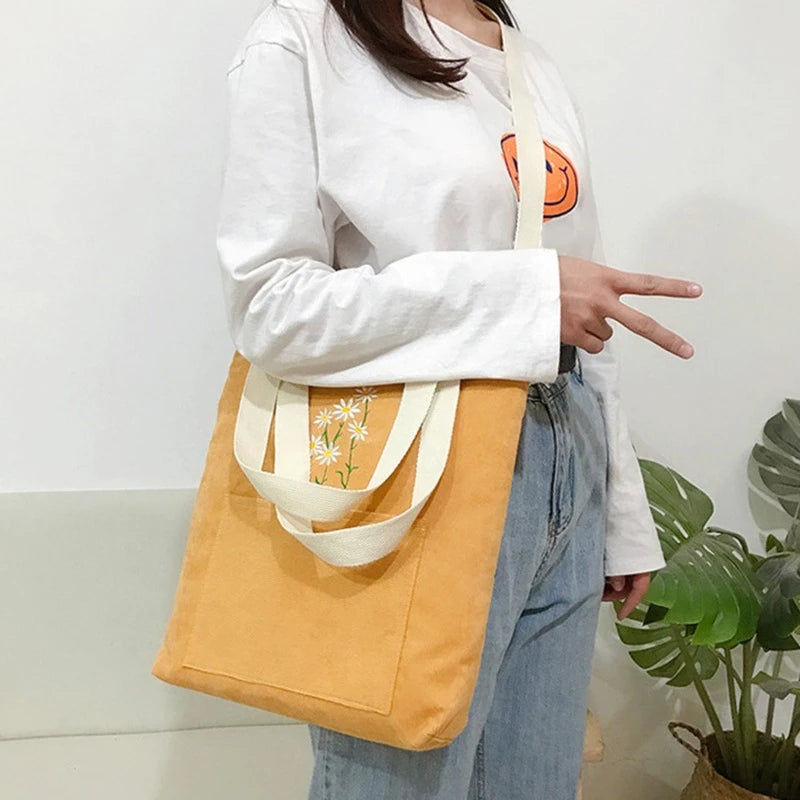 Corduroy Daisy Shoulder Bag Solid Square Pocket