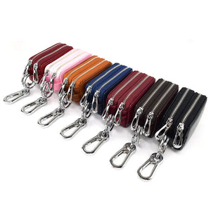 Leather Woman Car Key Holders Housekeeper Double Zipper Square Key Case