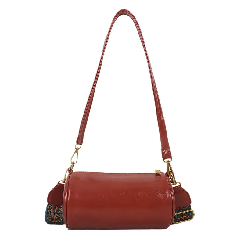 Vintage Barrel-shaped Shoulder Bag for Women PU Leather Handbags Crossbody Purse