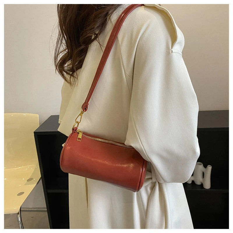 Vintage Barrel-shaped Shoulder Bag for Women PU Leather Handbags Crossbody Purse