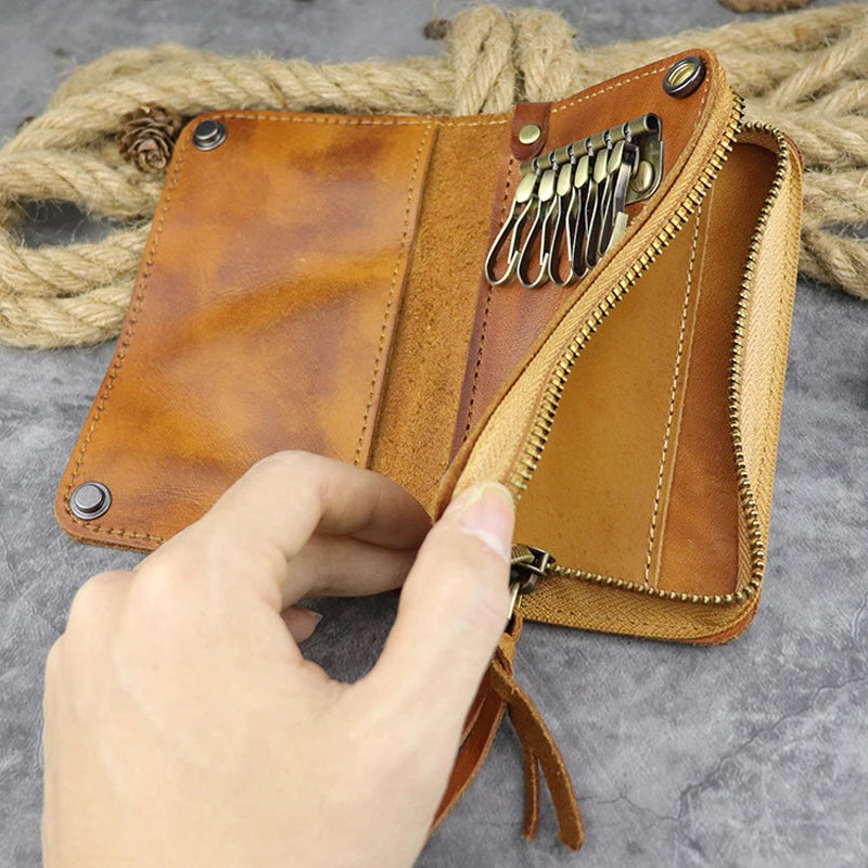 Vintage Men Leather Key Bag Holder Zipper Storage Pack