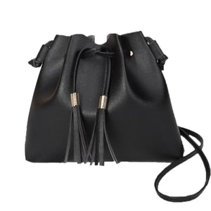Women Messenger Bag PU Leather Handbag Solid Tassel Bucket Shoulder Bag