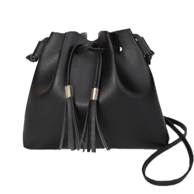 Women Messenger Bag PU Leather Handbag Solid Tassel Bucket Shoulder Bag
