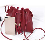Women Messenger Bag PU Leather Handbag Solid Tassel Bucket Shoulder Bag