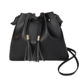 Women Messenger Bag PU Leather Handbag Solid Tassel Bucket Shoulder Bag