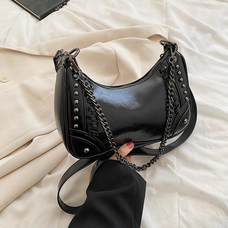 Arrivals Chains Rock Rivet Crossbody Bag Women Pu Leather Shoulder Bag