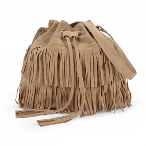 Ausuky Vintage Fringe Tassel Shoulder Bag Women Faux Drawstring Bucket Bag