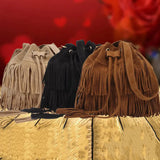 Ausuky Vintage Fringe Tassel Shoulder Bag Women Faux Drawstring Bucket Bag