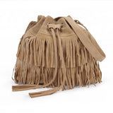Ausuky Vintage Fringe Tassel Shoulder Bag Women Faux Drawstring Bucket Bag