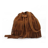 Ausuky Vintage Fringe Tassel Shoulder Bag Women Faux Drawstring Bucket Bag