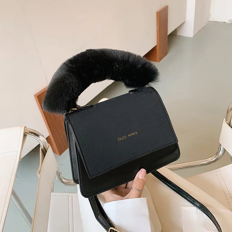 Autumn Winter Bag Furry Handle Frosted Portable Shoulder Bag
