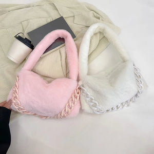 Plush Tote Bag Chain Women Soft Fluffy Handbag Ladies Shoulder Bag
