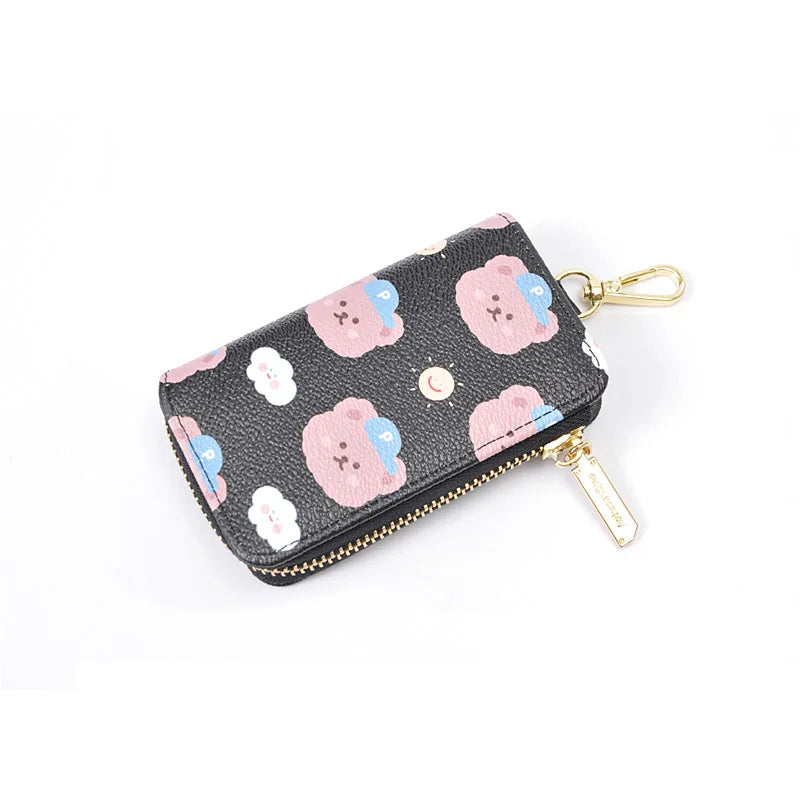 Bear Print Key Holder Wallet Chain Zipper Car Keys PU Leather Cover Ladies Bag