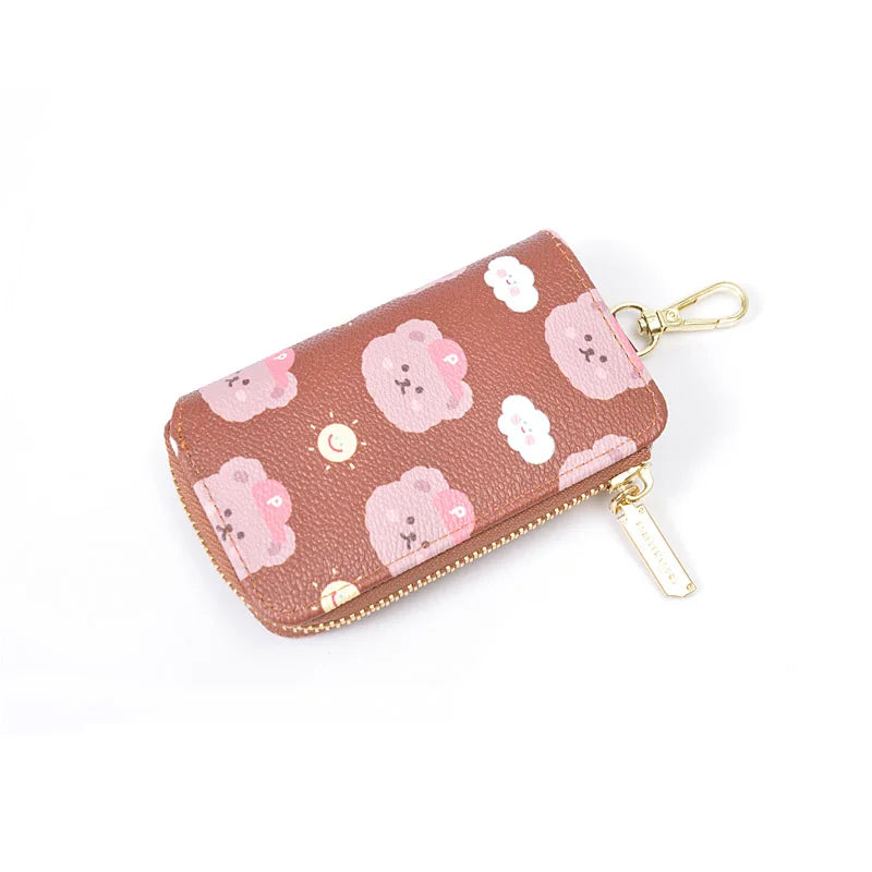 Bear Print Women Key Holder Wallet Chain Zipper Car Keys PU Leather Cover