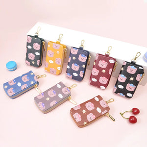 Bear Print Key Holder Wallet Chain Zipper PU Leather Ladies Key Bag
