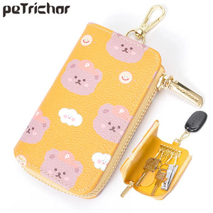 Bear print Women Key Holder Wallet Chain Zipper PU Leather Cover Organizer Case