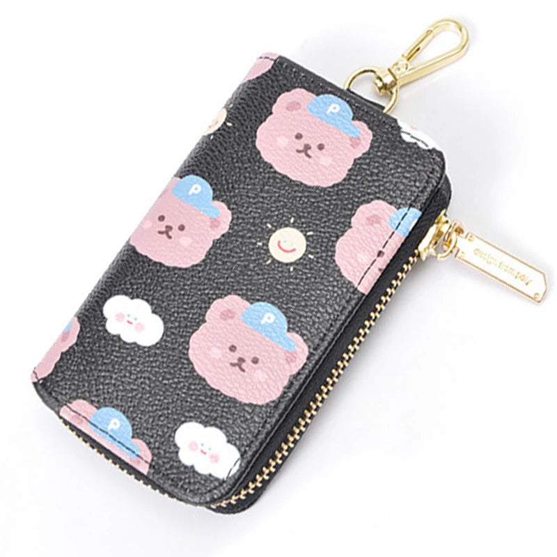 Bear print Women Key Holder Wallet Chain Zipper PU Leather Cover Organizer Case
