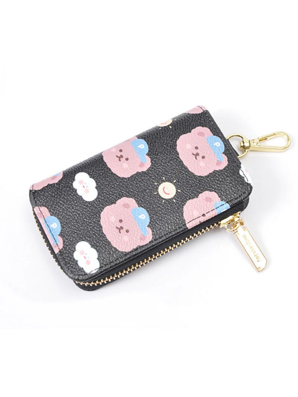 Bear Print Women Key Holder Wallet Chain Zipper PU Leather Cover