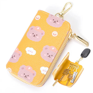 Bear Print Women Key Holder Wallet Chain Zipper PU Leather Cover