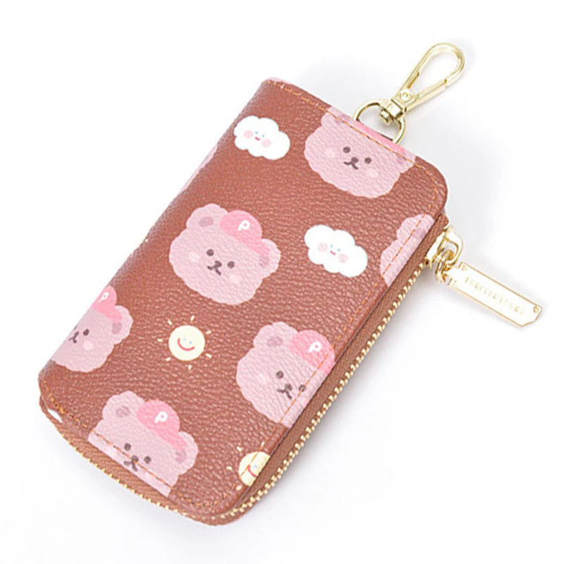Bear Print Women Key Holder Wallet Chain Zipper PU Leather Organizer Case