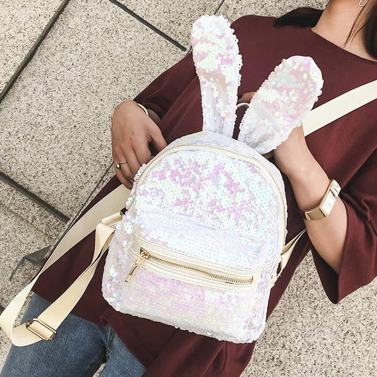 Sequins Backpack Big Rabbit Ears Double Shoulder Bag Women Mini Backpack