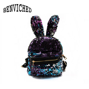 Sequins Backpack Big Rabbit Ears Double Shoulder Bag Women Mini Backpack