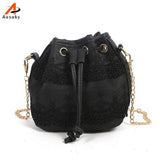Bohemia Style Lady Lace Drawstring Bucket Bag Chain Shoulder Crossbody Bag