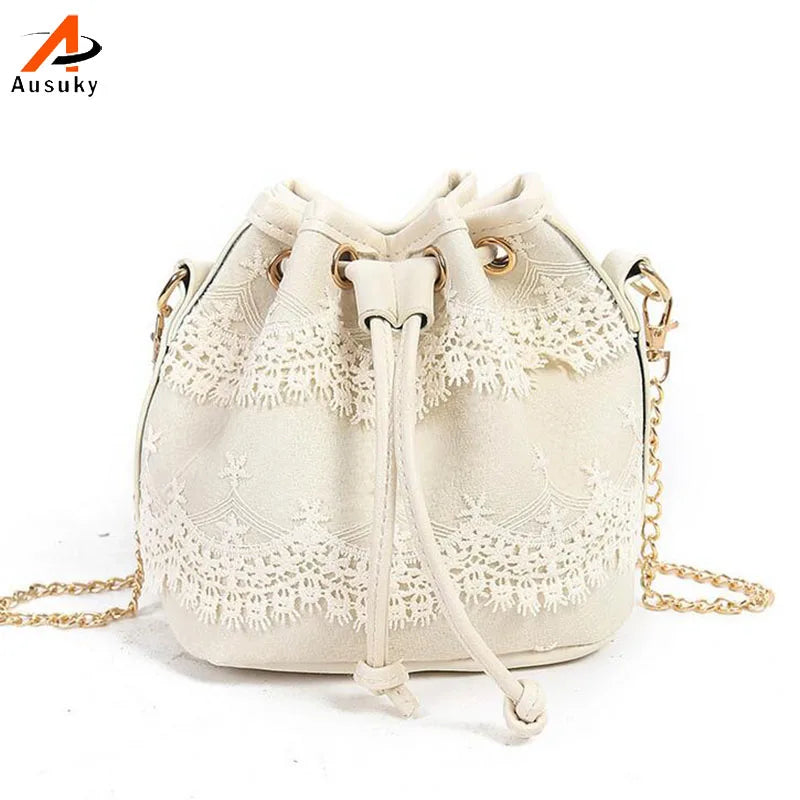Bohemia Style Lady Lace Drawstring Bucket Bag Chain Shoulder Crossbody Bag